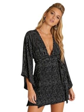 BILLABONG Wrap Dress Mini Black Cream Wide Sleeve Plunge Neckline Sz S/P/CH